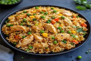 Fried Rice & Chicken served in a bowl