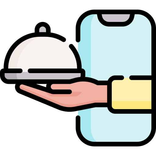 food delivery ordered online and a hand stretching from a phone